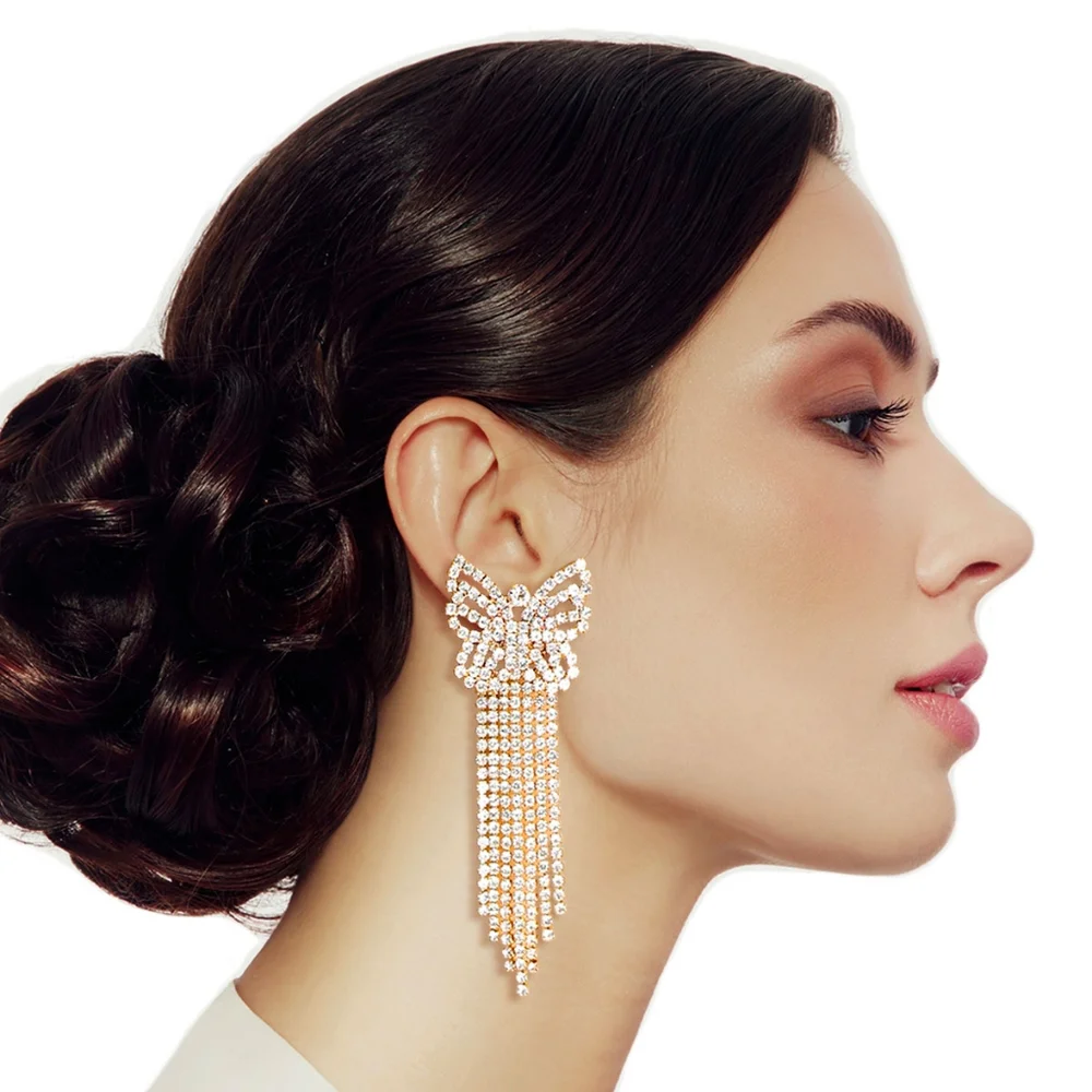 Rhinestone Pave Fringe Butterfly Stud Drop Earrings